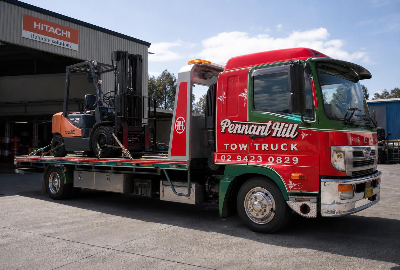 Forklift loaded on a Pennant Hill Tow Truck flatbed at a warehouse