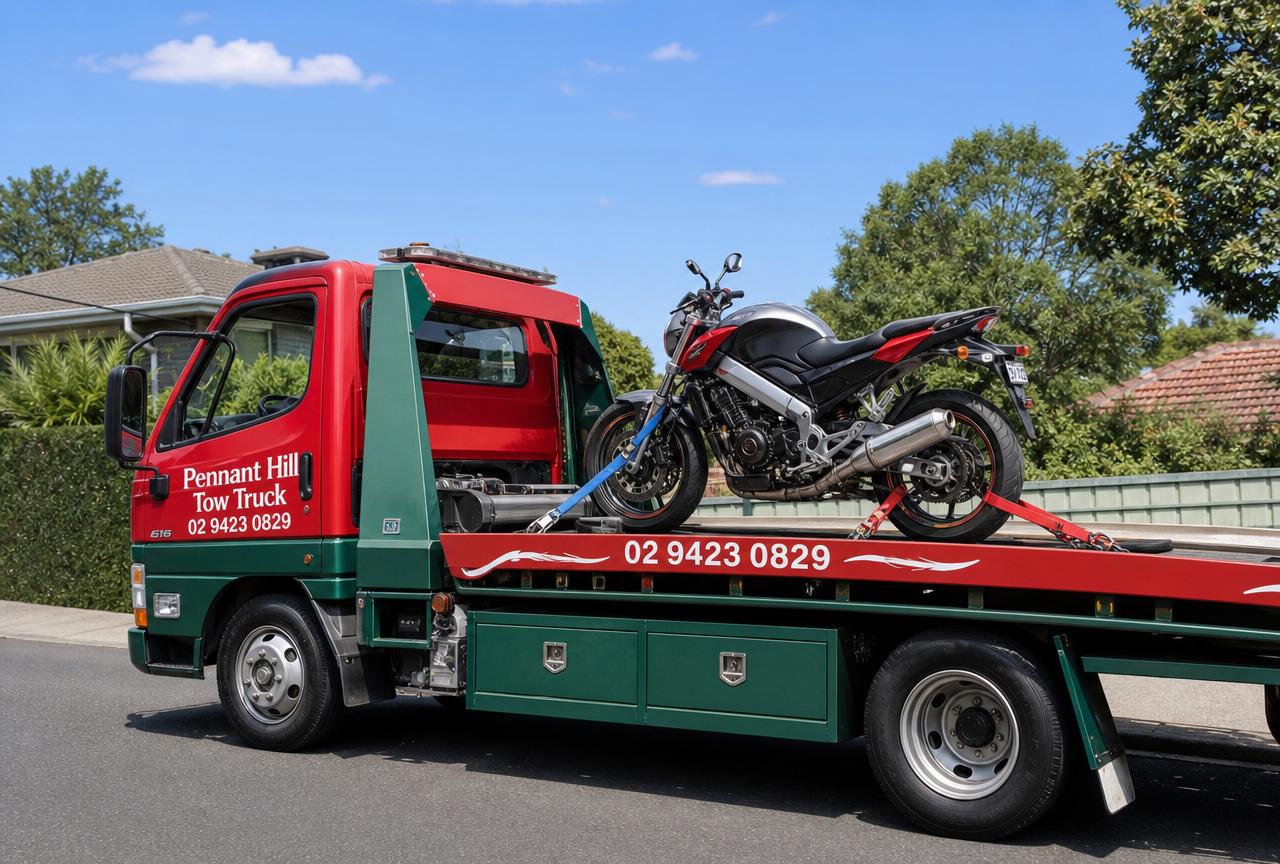 Motorbike secured on the Pennant Hill Tow Truck tilt tray